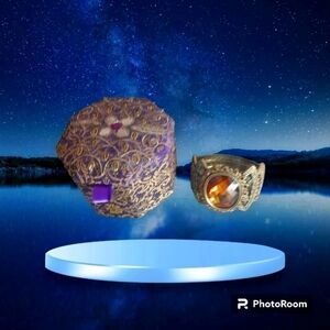 Regal Amber Cuff Bracelet Vintage Ornate Metalwork